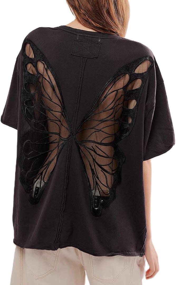 Women Butterfly Lace Short Sleeve Top Y2k Oversized Cut Out Solid Crew Neck T Shirts Summer Embroidered Tee (Small, Balck)