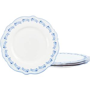 fanquare 8 Inch Porcelain Plates Set of 4, Blue Grass Ring Dessert Plates for Pasta, Pancakes, Steak, Microwave Safe Flat Farmhouse Style Decorative Plate