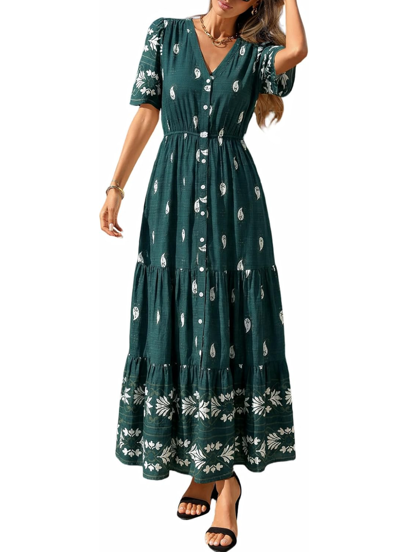 PRETTYGARDEN Womens Summer Boho Maxi Dress 2026 Trendy Short Sleeve V Neck Flowy Beach Floral Dresses with Pockets Small