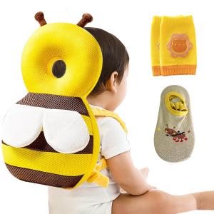 Baby Head Protector,Infant Fall Protection, Baby Head Protector Cushion Backpack with Baby Knee Pads Anti Slip Socks for Walking & Crawling (Yellow Bees)