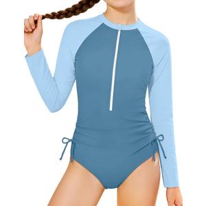 CrabQueen Girls Rash Guard Swimsuit UPF 50+ Long Sleeve One Piece Girls Bathing Suit Zipper Sun Protection Swimwear for 10-12Y