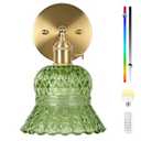 Vintage Battery Operated Wireless Wall Sconces, Rechargeable Battery Powered RGB Gold Wall Lights, Wall Lighting Indoor Lampshade with Remote (Pineapple Green)