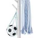 Standing Coat Rack White Coat Stand with 8 Hooks and 3 Height Options, Wood Kids Coat Tree with Sturdy Round Base, Small Hall Tree White YD-1009