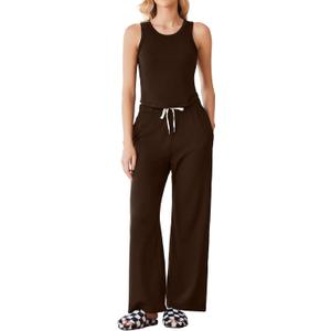 Women's 2 Piece Outfits Lounge Sets Sleeveless Crewneck Tank Tops and Wide Leg Pants Going Out Athletic Sets (Coffe), M Women's 2 Piece Outfits Lounge Sets Sleeveless Crewneck Tank Tops and Wide Leg Pants Going Out Athletic Sets (Coffe), M