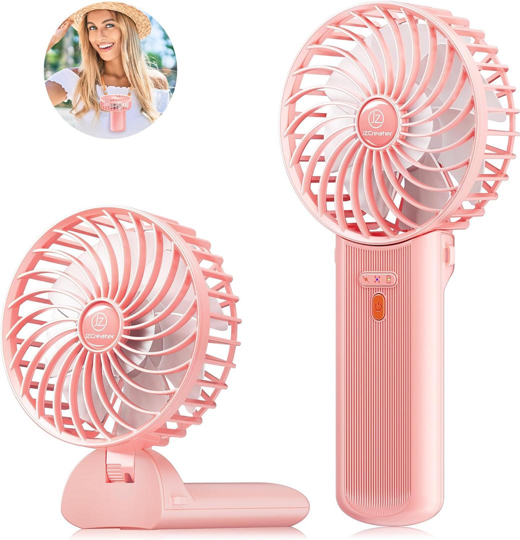 2 x JZCreater Mini Handheld Fan, Portable Rechargeable Fans, Quiet 4 Speed, 2in1 Battery Operated USB Desk Fan, Small Folding Stand Electric Fan for Travel Outdoor Home Office Makeup, Gift for Women (Pink)