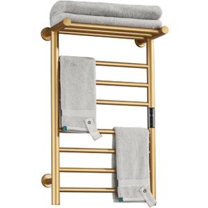 Electric Towel Warmer Gold with Timer, 7 Bar Wall Mounted Heated Towel Rack for Bathroom, 304 Stainless Steel Heater Towel Rail with Top Shelf, Energy Efficient 70 W, 720*450*250Mm, Hardwiring