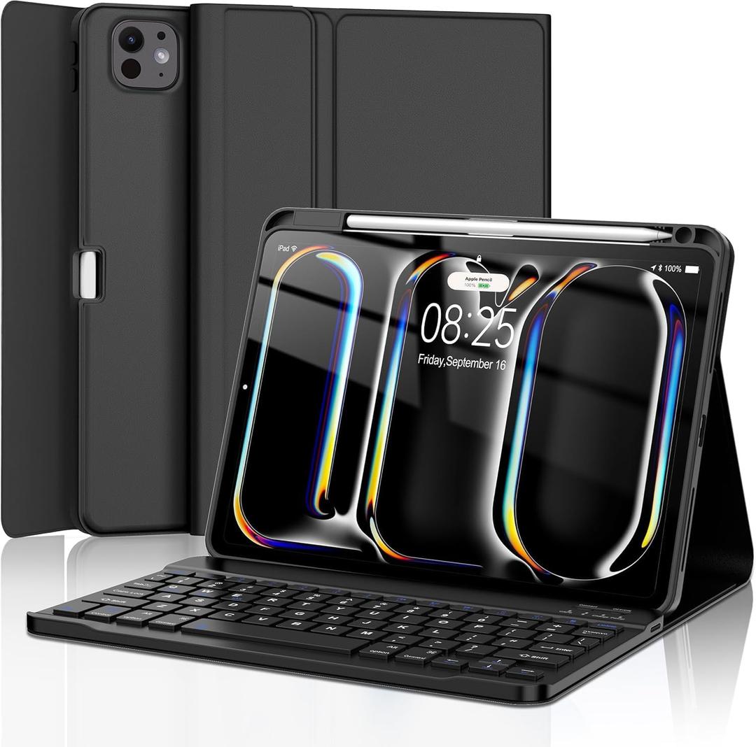 Keyboard Case for iPad Pro 11-inch (M4) 2024, Smart Folio Cover with Pencil Holder, Rechargeable, Magnetic Wireless Keyboard for iPad Pro 11, Only Compatible with Model A2836/A2837/A3006,Dark black