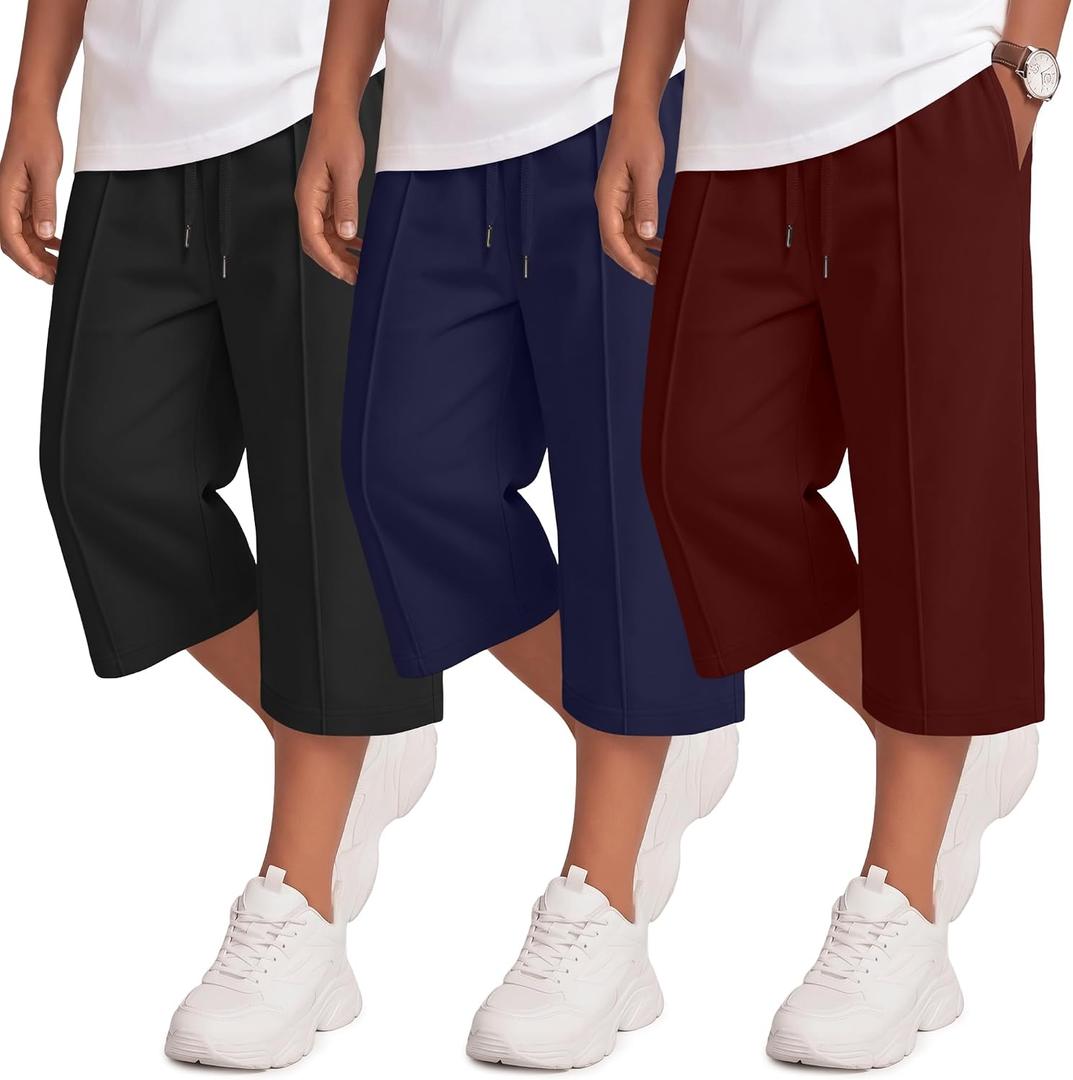 3 Pack Boys Capri Pants Long Shorts | Back to School, Below Knee, Kids, Tween, Summer, Loose Fit, Crop Sweatpants, for 5-14 Years