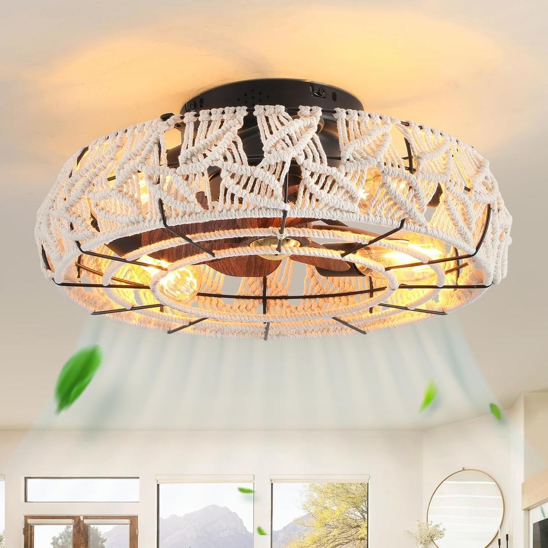 Boho Caged Ceiling Fans with Lights and Remote 20" Flush Mount 6-Speed Reversible Enclosed Low Profile Handmade Cotton Rope Ceiling Fan with Light 4 Bulbs,for Bedroom, Living Room, Kitchen (Cream Leaves)