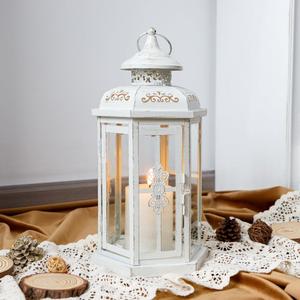 JHY DESIGN Rustic Decorative Lanterns 12" H Medium Candle Lantern Vintage Metal Candle Holder for Indoor Outdoor, Events, Parities, Patio and Wedding(White with Gold Brush)
