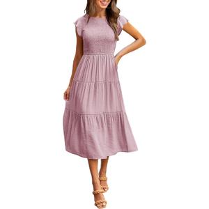 MEROKEETY Women's Flutter Short Sleeve Smocked Midi Dress Summer Casual Tiered A-Line Dress (Pink, XL)