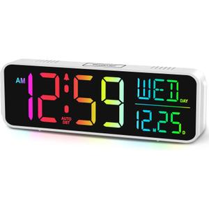 Peakeep Large Display Digital Alarm Clock for Bedrooms, Date Day of Week Temp Desk Table Clocks for Living Room Office, Dimmable Plug in Electric Clock, 5 Volumes, Loud, Auto DST (White Rgb)