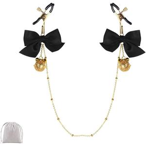 2 x Adjustable Nipple Clamps with Chain Non Piercing Nipple Clips with Bells Attractive Nipple Clip Body Jewelry (Black A)