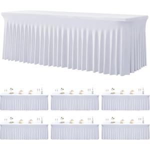 6 Pack Spandex White Tablesloths for 8 Foot Rectangle Tables, Stretchy Table Cloths 8ft Fitted Table Cover Desk Skirt for Parties Weddings Birthday Banquet Baby Shower