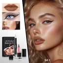 3Pcs Multi-Purpose Makeup Kit: Waterproof Lip Liner Lipstick + Dual-Ended Contour Stick (Contour/Highlight/Conceal/Under-Eye) + Black Eyeliner - Travel-Friendly, Set 02