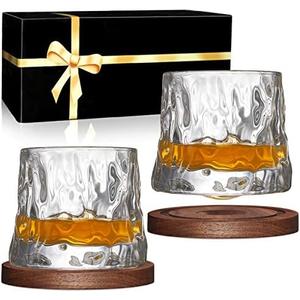 BOLESTA Whiskey Glasses Set of 2, Rotatable Tumbler Crystal Glass Cups, Drinking Glasses with 2Pcs Creative Walnut Coasters and Gift Box - for Scotch,Bourbon,Cocktails