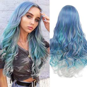 Mermaid Wig Ombre Blue Mixed Lilac Grey Wigs for Women Long Curly Wavy Middle Part Hair Colorful Wigs for Halloween Synthetic Wig(Blue and Grey)