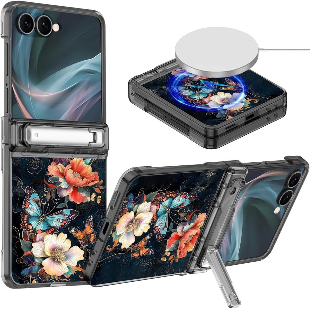 Hekodonk for Galaxy Z Flip 7 Case,[Compatible with MagSafe][Glow in The Dark][Front Screen Protector][Stand][Hinge Protection],Slim Fit for Women Girls for Samsung Galaxy Z Flip 7,Black/Gold