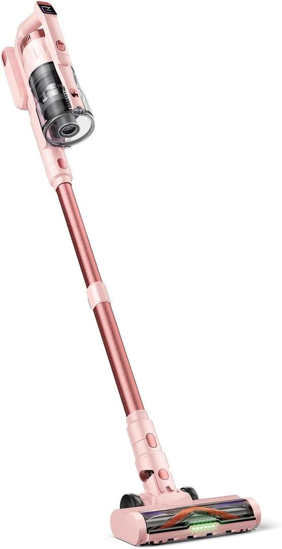 Cordless Vacuum Cleaner for Home, Upgraded 60Kpa Powerful Suction Pet Hair Vacuum with 70min Runtime, Green LED Light for Hardwood Floors & Carpet, Self-Standing Rechargeable Stick Vacuum, Grey Pink