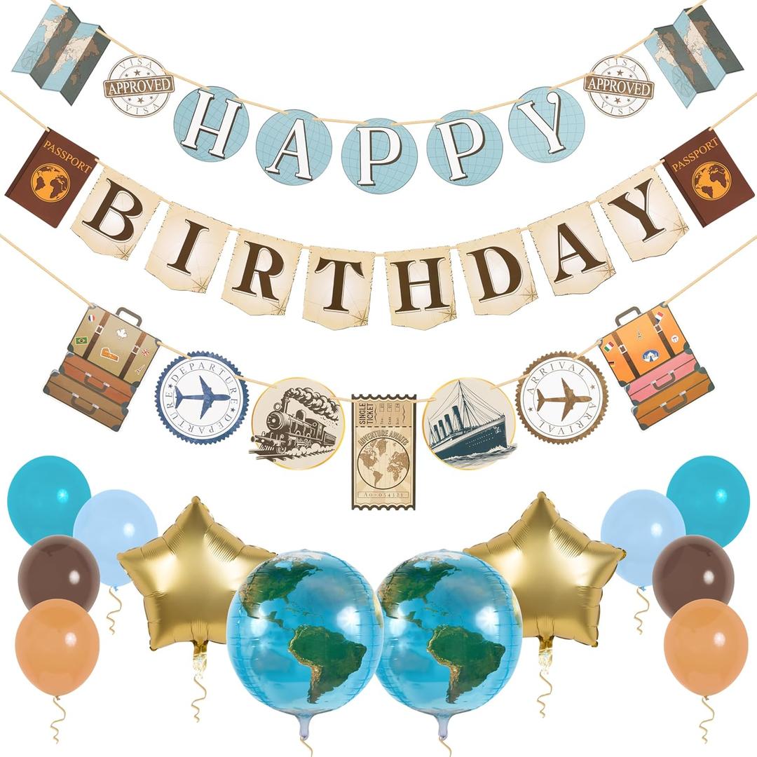 Pirese Travel Birthday Party Decorations Adventure Awaits Happy Birthday Banner Kit with World Balloons, Star Foils & Latex Balloons Let the Adventure Begin, Around the World Travel Party Supplies