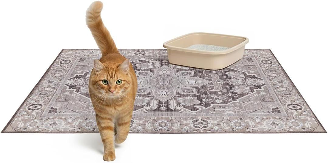 Lovewag Pets Cat Litter Mat 2 Pack - Large 36x48 Machine Washable Easy Clean Non-Slip Waterproof Mats for Cats - Caramel Creme