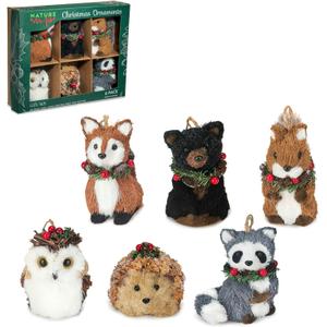naturevibe Sisal Woodland Animals Christmas Tree Ornaments,Set of 6 Natural Forest Friends with Gift Boxes for Presents,Ornaments Animals as Rustic Home Decorations