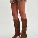 Coutgo Womens Knee High Boots Kitten Low Heel Pointed Toe Tall Boots Side Zipper Winter Dress Shoes (Brown, Size 8.5)
