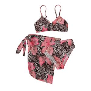 RoseSeek Girl's 3 Piece Bikini Set Floral Leopard O-Ring Swimsuit Beachwear