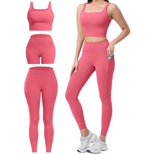 3 Piece Workout Sets for Women High Waisted Leggings with Pockets Tummy Control Biker Shorts Yoga Sports Bra,Small