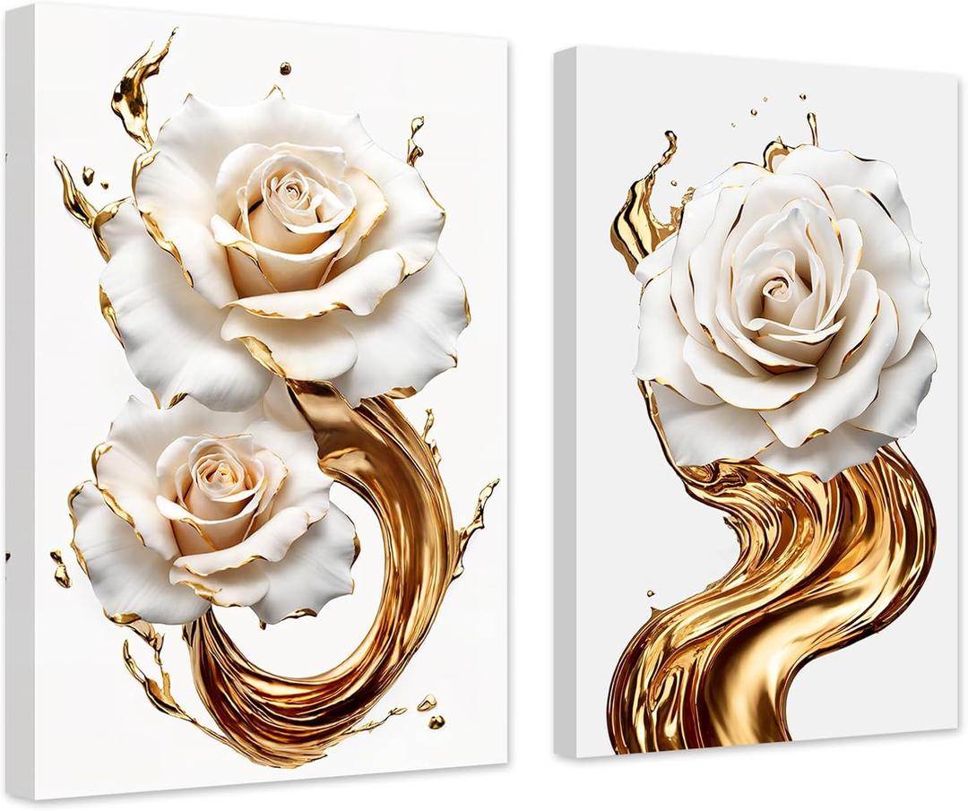 ZXHYWYM Abstract White & Gold Rose Wall Decor 2 Panels Elegant Blooming Rose Flowers Canvas Art Prints Paintings Modern Artwork Home Decor(White, (12.00" x 16.00" x 2PCS))