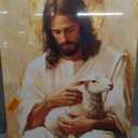 KYHDCJUB Jesus and Lamb Wall Art Jesus Saves the Lost Lamb Painting Christian Picture Wall Decor God Embraces Sheep Picture Prints Artwork for Living Room Bedroom Church 16x24 Inch Ready to Hang