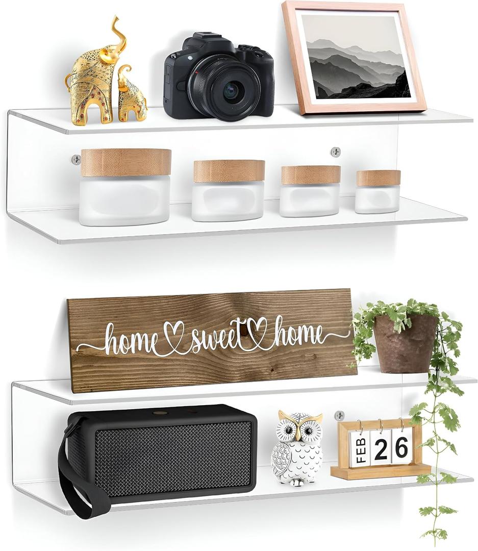 Clear Acrylic Floating Shelves - 2 Tier Wall Mounted Bathroom Organizer Set of 2 (15") - Space Saving Display Shelf for Makeup, Skincare, Kitchen Spices, & Home Decor