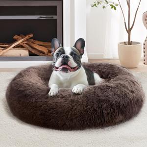 JOLLYVOGUE Calming Dog Bed Large Size Dog, Anti-Anxiety Donut Large Pet Bed, 36 inches Fluffy Faux Fur Round Cat Bed, Fits up to 75 lbs Pets (36.0"L x 36.0"W x 8.0"Th, Chocolate)