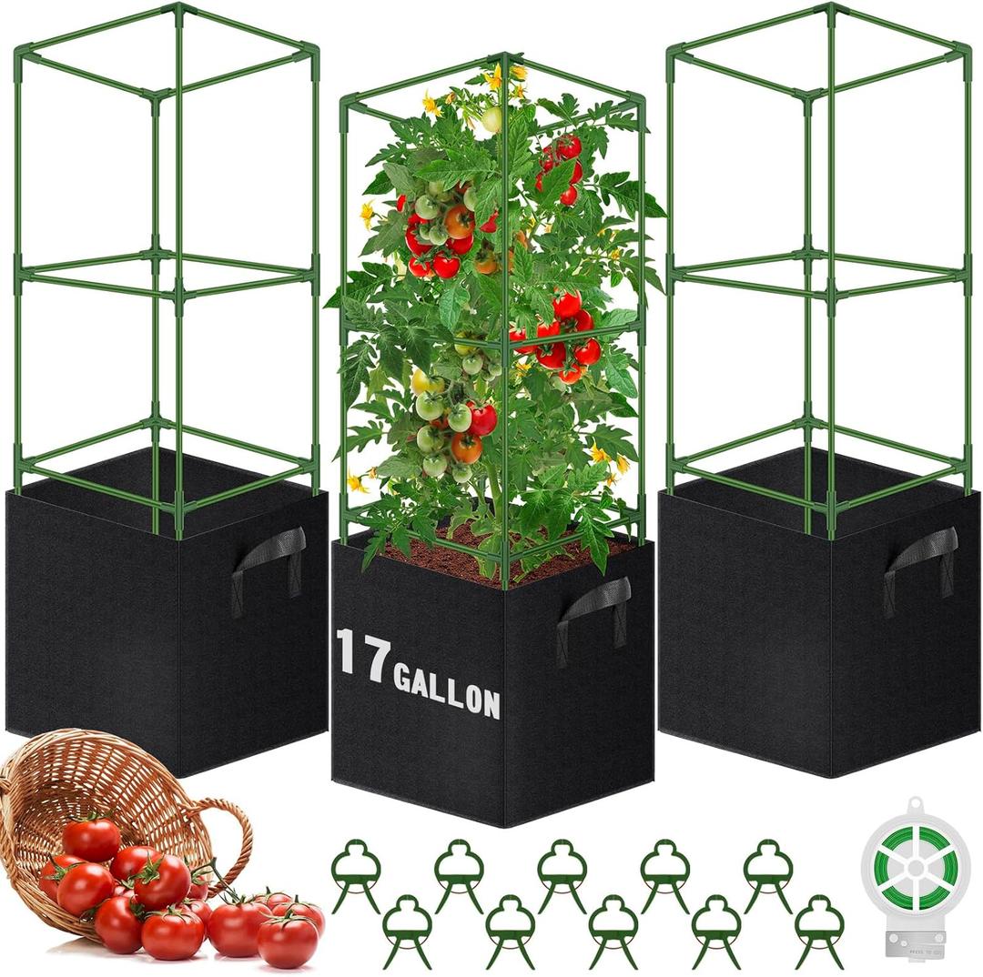 WLLEYAY 3 Pack 46'' Square Tomato Cages with 17 Gallon Grow Bags | Upgraded Heavy Duty Steel Garden Plant Support Stakes Kit, Flowers Vegetable Trellis for Vertical Climbing Plants Vines