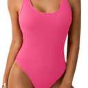Limeeke Women One Piece Swimsuit Solid Ribbed Monokini Swimwear Scoop Neck Low Back Bathing Suit (Medium, Hot Pink)