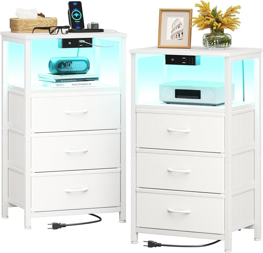 Casaottima Night Stand Set 2, Bedside Tables with Charging Station, LED Nightstand with Fabric Drawers, End Tablewith Open Shelf, Small Nightstand for Bedroom, White