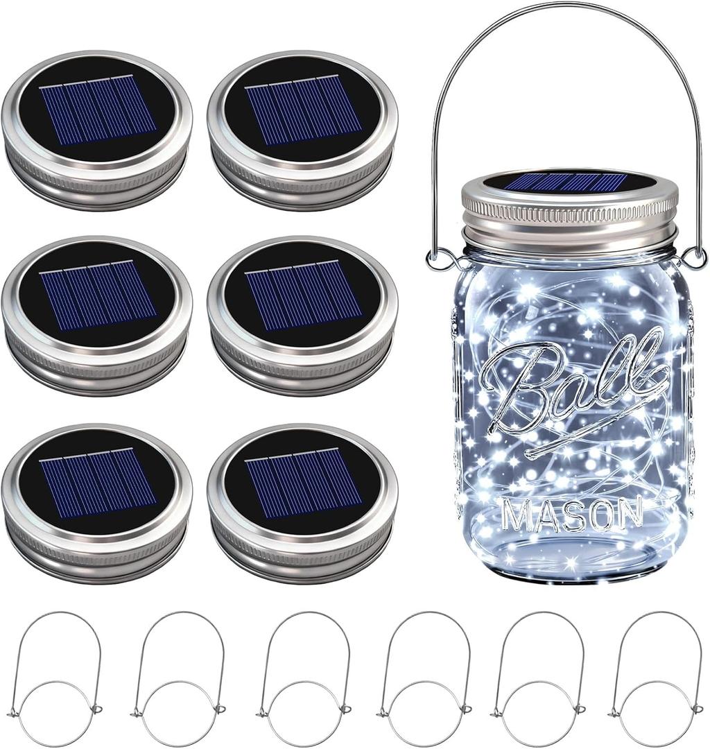 VOOKRY 6 Pack Solar Mason Jar Lights, 30 LED Mason Jar Lids Waterproof Firefly Fairy String Lights with 6 Hangers(No Jars), for Outdoor Patio Garden Yard Lawn Party Wedding Decoration - Cool White