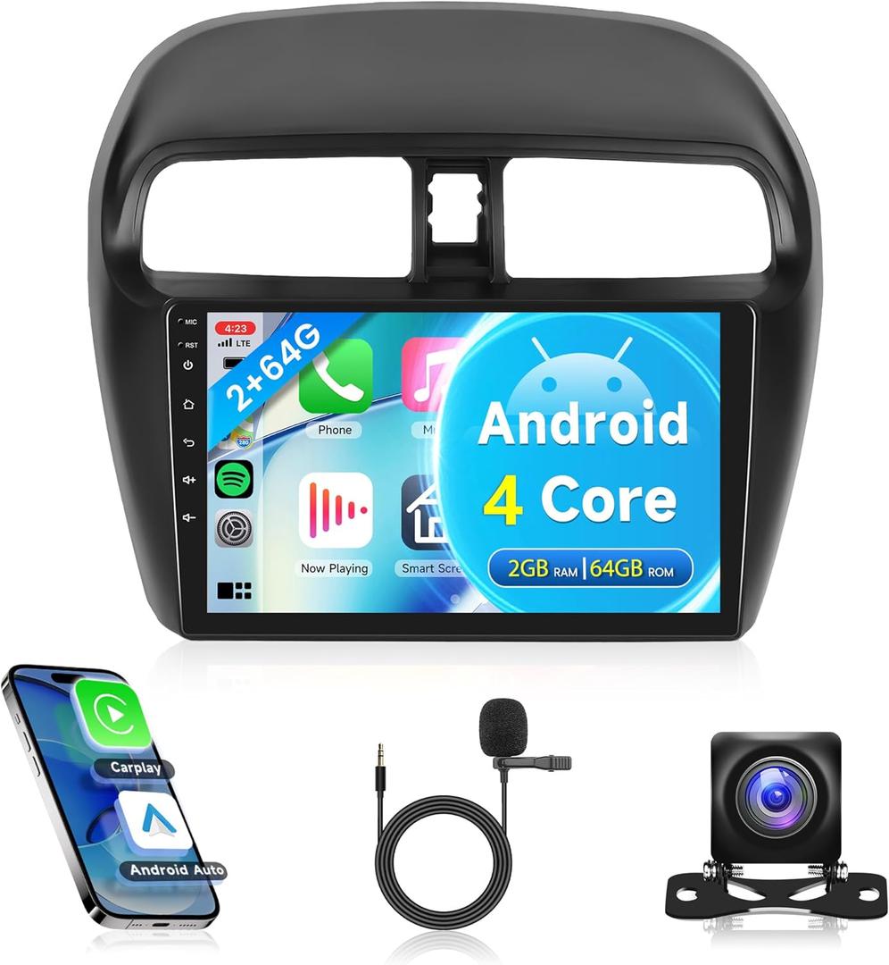 2G+64G Car Radio for Mitsubishi Mirage 2012-2016, Rimoody Car Stereo with Android 13 Wireless CarPlay Android Auto Mirror Link GPS WiFi 9 Inch Touch Screen Bluetooth FM/ RDS SWC Camera