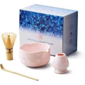 Natural Crystal Flower Matcha Set - 4 Pcs Food Grade Matcha Kit with Spouted Bowl, Matcha Whisk, Scoop and Chasen Holder - Matcha Tea Ceremony Gift for Matcha Lovers (Sakura Whisper)