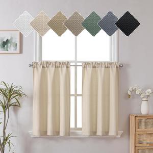 Chyhomenyc Short Curtains 36 Inch Length, Faux Linen Textured Small Kitchen Curtains, Light Filtering Half Window Curtains for Bathroom Basement Cabinet, Each 30x36 Inch, Linen Color