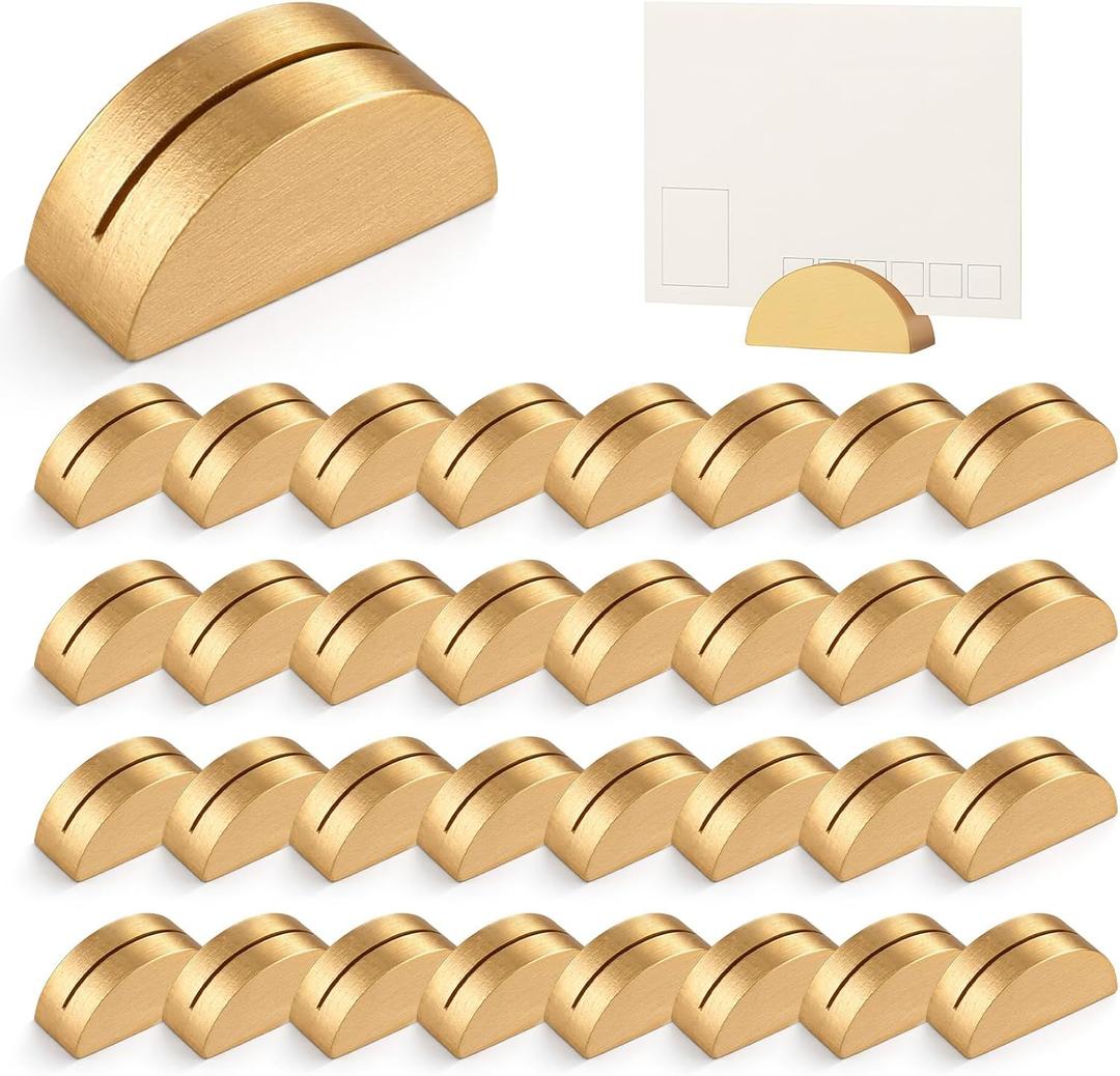 48 Pcs Gold Table Number Holders, Wood Place Card Holder Gold Wooden Table Number Stands Semicircular Design Placecard Holder with 48 Round Double-Sided Tape for Wedding, Banquet, Birthday, Restaurant