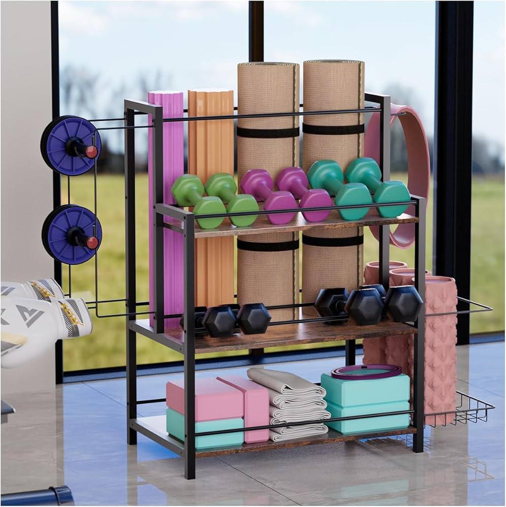 HOYRR Home Gym Storage, 3 Tier Home Gym Storage Rack, Weight Rack for Home Gym, 1 Storage Baskets and 2 Hooks, Suitable Home Dumbbells Kettlebells Yoga Mats Resistance Bands
