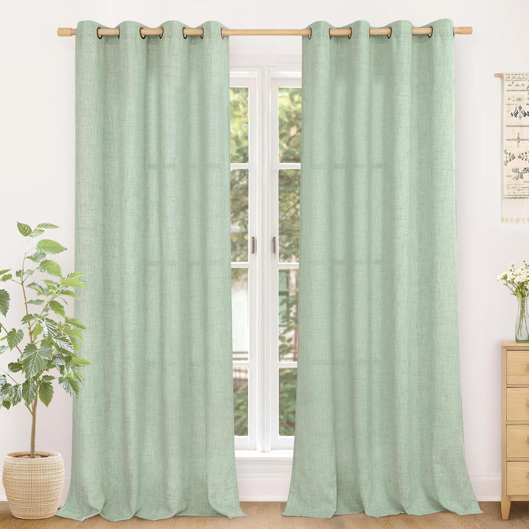 YoungsTex Sage Green Linen Curtains 84 Inches Long, Light Color Semi Sheer Drapes with Bronze Grommet Light Filtering Spring Decor for Bedroom Living Room Window, 52 X 84 Inch, 2 Panels