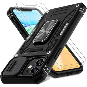 DEERLAMN Case for iPhone 11 with Slide Camera Cover+Screen Protector(2 Packs),Rotated Ring Kickstand Military Grade Shockproof Protective Cover-Black