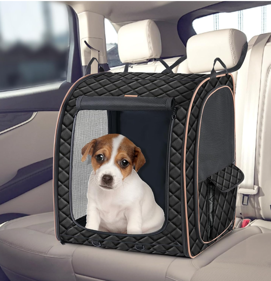Pet Carrier & Car Seat, 20 Inch 3-Door Portable Soft-Sided Folding Travel Crate Kennel for Dogs and Cats,Collapsible Hard Bottom Back Seat Extender Travel Cage Blanket for Small Dogs, Blac