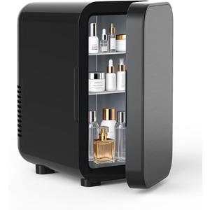 FANSEXPERT Skincare Fridge with Glass Panel, 6L Mini Fridge for Home/Car, AC/DC Portable Thermoelectric Cooler and Warmer, Makeup Mini Compact Refrigerator for Skincare Cosmetics Food Drinks (Black)