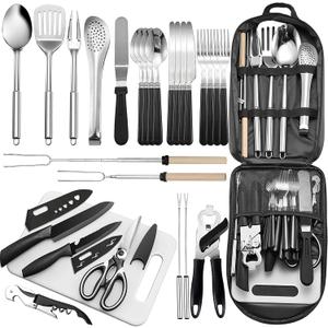 Portable Camping Kitchen Utensil Set-27 Piece Cookware Kit, Stainless Steel Outdoor Cooking and Grilling Utensil Organizer Travel Set Perfect for Travel, Picnics, RVs, Camping, BBQs, Parties and More (black)
