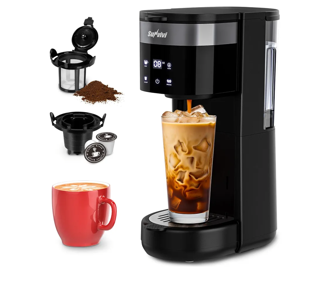 SUNVIVI Iced Coffee Maker, Single Serve Coffee Maker with 3 Brewing Options for K Cup Pod or Ground Coffee, 30oz Removable Water Reservoir & Reusable Filter, Ideal for Home & Office, Black