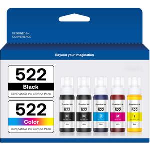 522 High Capacity (5 Bottles) Refill Ink Replacement for Epson Compatible 522 (Not Sublimation) Use for EcoTank ET-2803 ET-2800 ET-2720 ET-4800 Printer