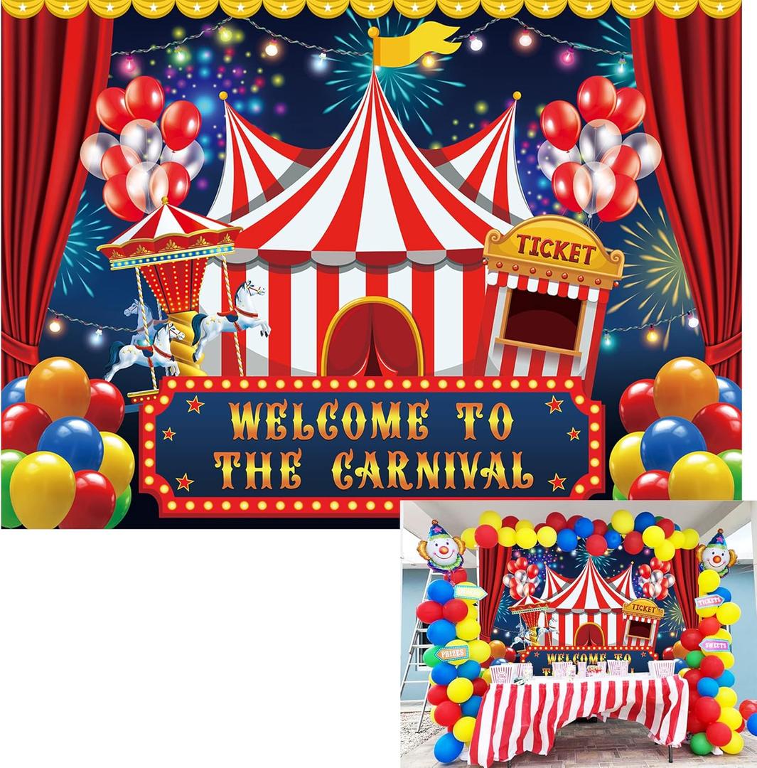 7x5ft Carnival Circus Backdrop Circus Tent Party Backdrop Carousel Ticket Booth Background Child Kid Boy Baby 1st Birthday Carnival Banner Photo Props Supplies